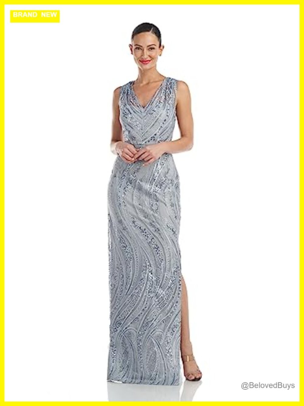 Embroidered Mesh V-Neck Column Gown Sleeveless Formal Floor Length